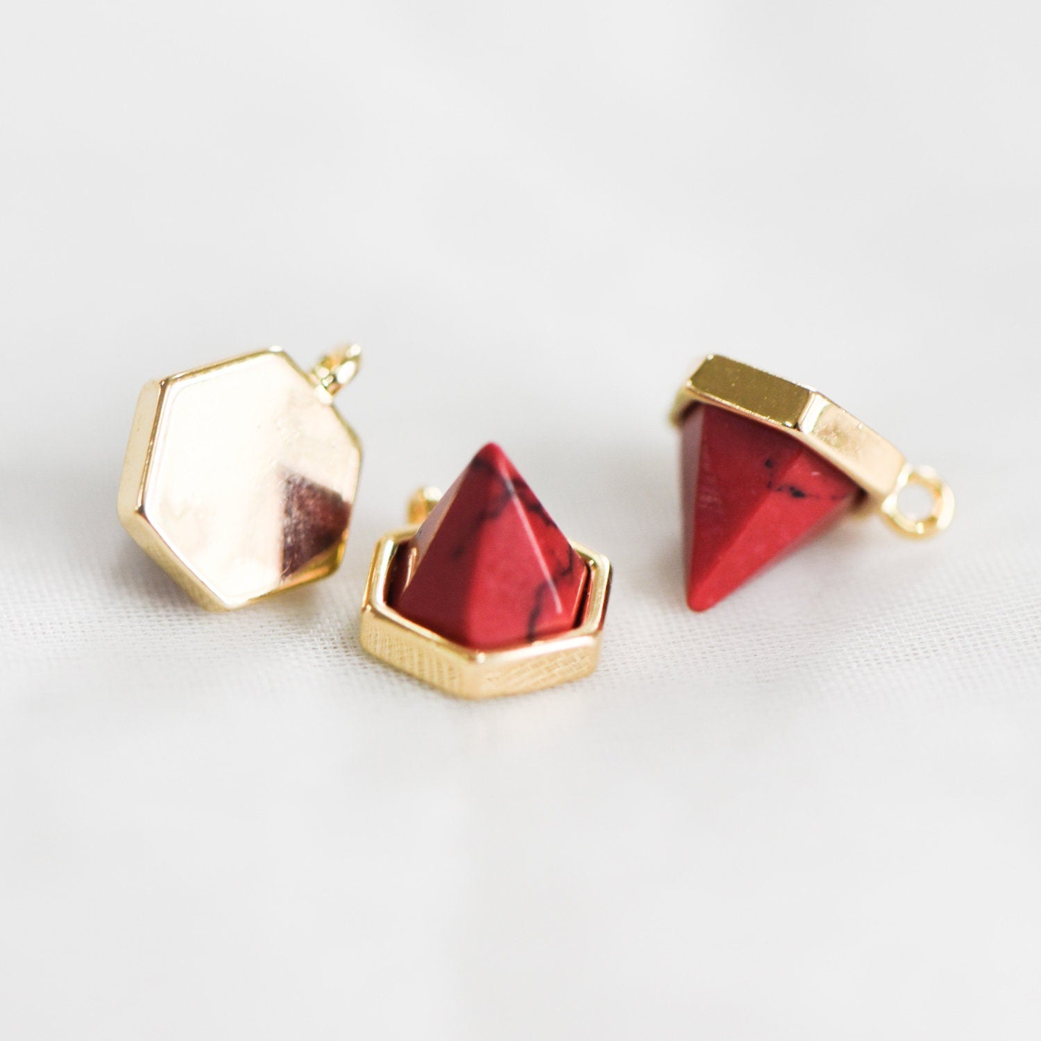 4pcs Hexagon Gemstone Pyramid Spikes Charms, Geometric Stone Pendants 10mm (GB-567)